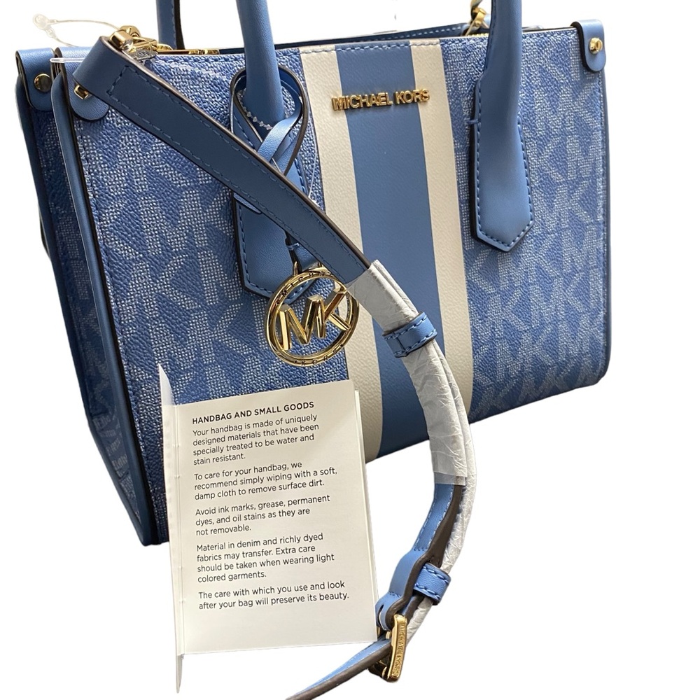 New MICHAEL KORS CENTER STRIPE MAPLE SM SATCHEL BRT BLUE WHITE CROSSBODY BAG - Picture 14 of 14